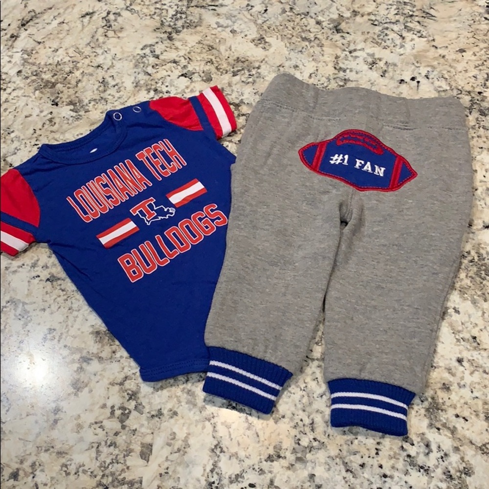 Louisiana Tech onesie and sweatpants